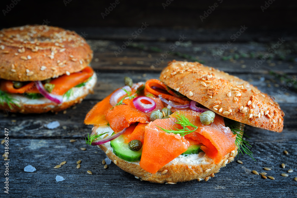 Wall mural vegan smoked salmon (carrot lox) bagel with cream cheese