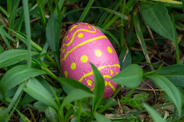 Chocolate egg wrapped in pink paper hidden in grass for Easter
