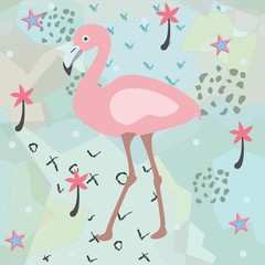 Obraz premium Creative Summer Pattern with exotic bird flamingo on stripped background with palms and stars