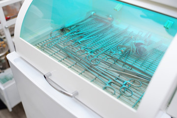 gynecological instruments close-up in the sterilizer. Women's health