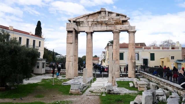 Athens, Greece, Europe - December 31 2019: tourists visit the remains of the Roman Agora built in Athens during the Roman period