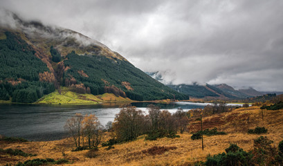 Foggy, winter landscape of Glen Lyon, Scottish Highlands. 