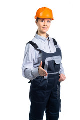 Young beautiful woman engineer in protection uniform doing handshake gesture. Isolated