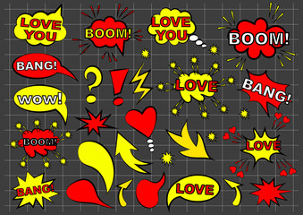 Set of speech bubbles. Love feelings wow comic text speech bubble. Set of blank template in Pop Art style. Vector illustration