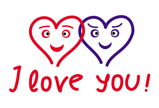 Fototapeta Two symbolic hearts with a smile and the inscription - I love you. Valentine's Day. Vector graphics.