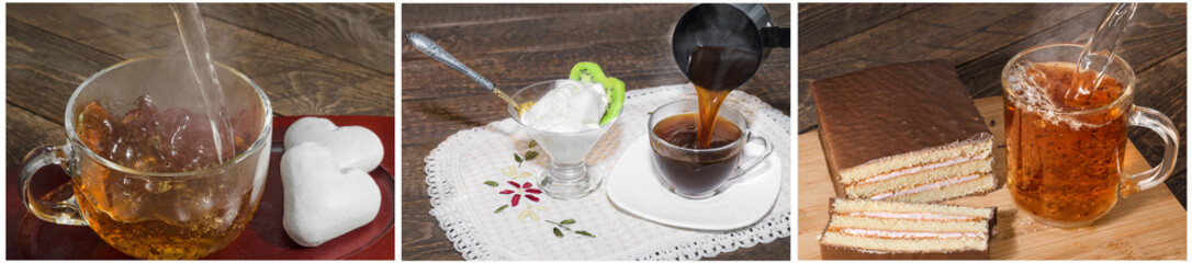The process of pouring hot tea and coffee with steam. Collage of their three photos