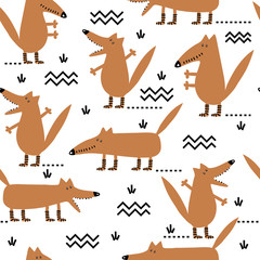 Seamless childish pattern with cute foxes and hand drawn elements.