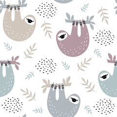 seamless pattern with sloths hanging on bamboo