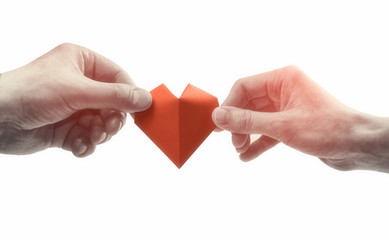 Red heart in woman and man hands. Black and white image on isolated white background. Concept of...