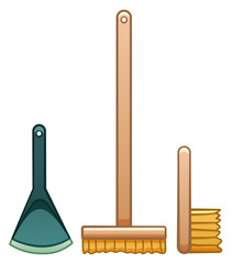 Cartoon isolated mop, brush and dustpan for cleaning on white background
