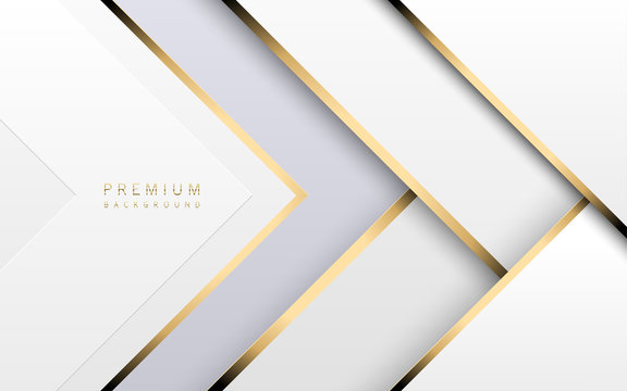 Vector luxury tech background. Stack of white paper material layer with gold stripe. Arrow shape premium light wallpaper