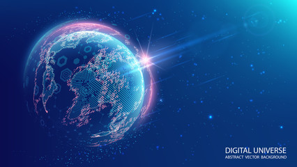 Blue planet Earth from space. Vector.  Map of the mainland. Global communications system and the World Wide Web. Technologies and communications. Globalization. Luminous sphere. © vit_mar