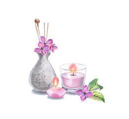 Watercolor arrangement with candle, vase, lilac flowers. Spa and cosmetic products isolated on white background. Realistic illustration for beauty salon and Wellness center