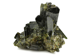 epidote cluster from Shigar Valley, Pakistan isolated on white background