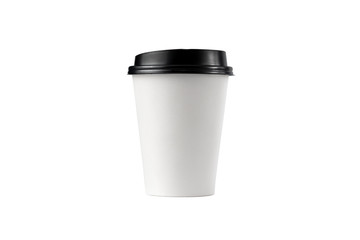White disposable paper coffee cup with a black plastic lid isolated on white background