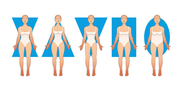 Types of female bodies. Hourglass, triangle, inverted triangle, round, rectangle. The physique of women. Vector illustration