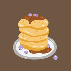 Vector illustration of pancakes. Stack of pancakes with chocolate syrup and blueberries. Food illustration. Illustration for poster or cards.