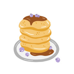 Vector illustration of pancakes. Stack of pancakes with chocolate syrup and blueberries. Food illustration. Illustration for poster or cards.