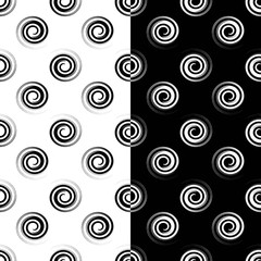 Two seamless monochrome black and white spiral polka dot patterns useful for textile, fabric, wrapping paper, wallpaper, … Original design, vector eps 10