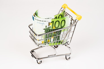 shopping cart with euro banknotes on white background, financial concept