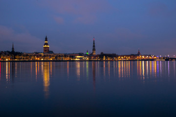 Fototapeta na wymiar Panorama of Old Riga at night, Latvia
