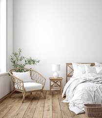 Scandinavian farmhouse bedroom interior, wall mockup, 3d render © artjafara
