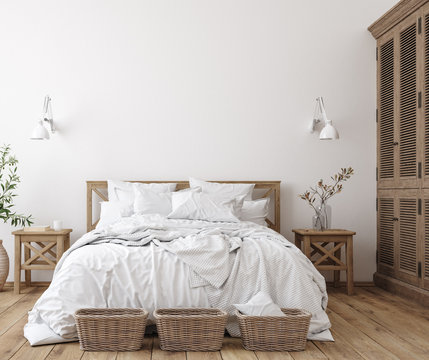 Scandinavian farmhouse bedroom interior, wall mockup, 3d render