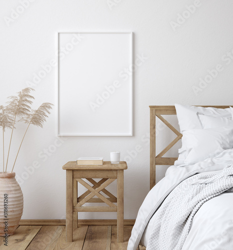 Download Mockup Poster Frame In White Cozy Bedroom Interior Scandinavian Style 3d Render Wall Mural Artjafara