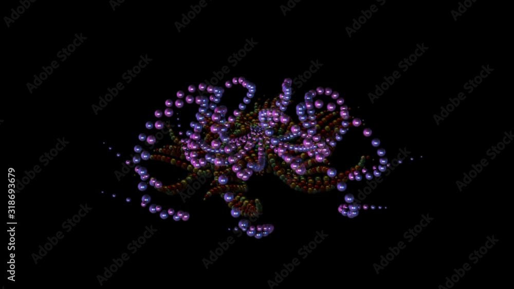 Poster abstract kaleidoscopic pattern with unusual 3d changing figures formed by small beads, seamless loop
