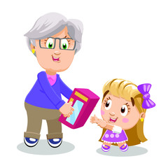 Elderly silver haired woman in glasses, violet sweater and brown trousers spending time with granddaughter. Gift for birthday. Grandmother giving present box to small girl. Vector cartoon on white.