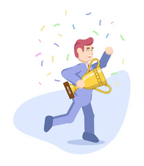 The concept of success. Reward, trophy. Businessman celebrating a victory. A man holds a Golden Cup. Flat vector drawing.