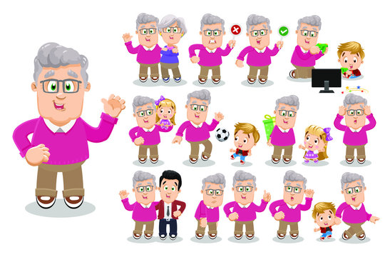 Silver haired elderly man standing with wife, son, grandchild, is upset, angry, playing football, computer games, having health problems, showing thumb up, going. Vector cartoon big set on white.