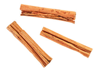 Three ceylon cinnamon sticks isolated on white background, top view.