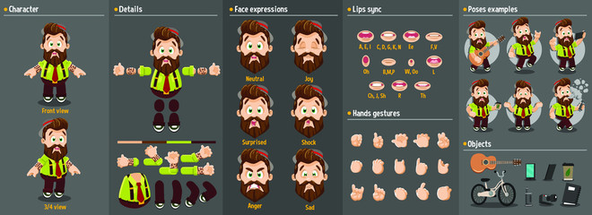 Cartoon bearded plump hipster constructor for animation. Parts of body: legs, arms, face emotions, hands gestures, lips sync. Full length, front, three quater view. Set of ready to use poses, objects.