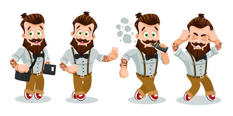 Vector set with different emotions and gestures of sportive bearded hipster. Young man standing with crossbody bag and copybook, showing peace, victory gesture, smoking, suffering from headache.