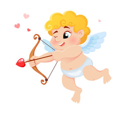 Obraz na płótnie Canvas Cute cartoon Cupid with bow, arrow of love and hearts. Illustration for a Valentine's Day