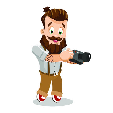 Athletic bearded hipster with tattoo in bow tie, shirt, suspender trousers keeping camera. Photographer standing and taking pictures. Young man shooting. Vector cartoon illustration on white.