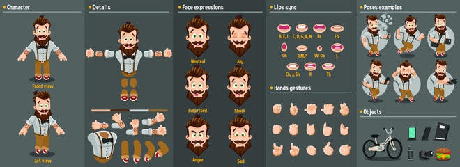 Cartoon bearded hipster constructor for animation. Parts of body: legs, arms, face emotions, hands gestures, lips sync. Full length, front, three quater view. Set of ready to use poses, objects.