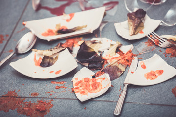 Broken Plate or broken water glass on the on the floor in the kitchen The concept of accidents in...
