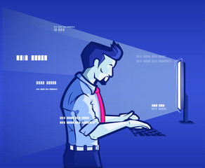 Handsome man working on computer at office or at home, Standing workstation, workplace at blue background. Programmer, web designer typing on keyboard. Vector comic book style illustration.