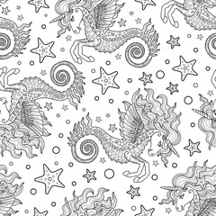 Seamless pattern with sea unicorn. Black and white. Vector