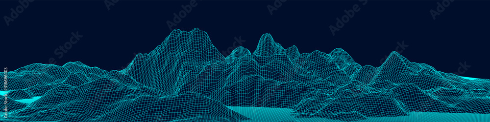Poster vector wireframe 3d landscape. technology grid illustration. network of connected dots and lines on 