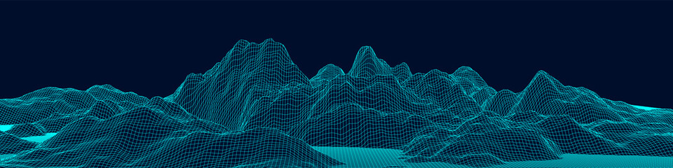 Vector wireframe 3d landscape. Technology grid illustration. Network of connected dots and lines on white background. - obrazy, fototapety, plakaty