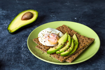 A wholesome breakfast of avocados, eggs and rye bread. Vegetarian food. Dietary nutrition.