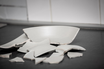 Broken Plate or broken water glass on the on the floor in the kitchen The concept of accidents in...