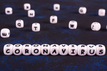 White blocks with the word CORONAVIRUS. A virus that infects humans and some animals. Random...