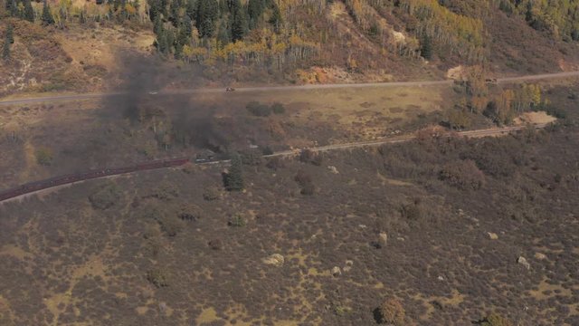 aerial view of Cumbres & Toltec Scenic Steam Train, from Chama, New Mexico to Antonito, Colorado over Cumbress Pas