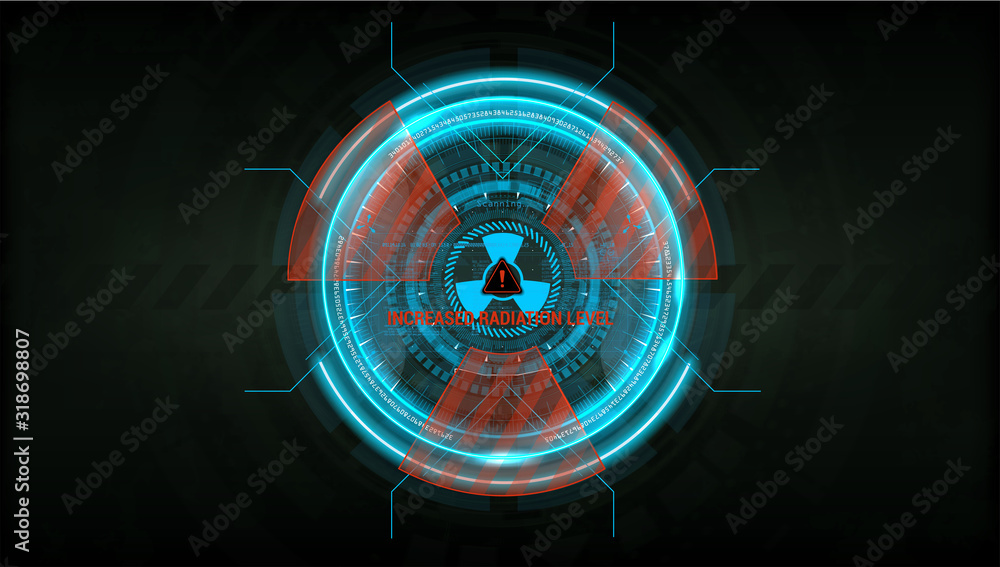 Poster Futuristic gadget dosimeter radiation in HUD style for video game. GUI element device. Sky-fi gadget for measuring radiation. HUD vector illustration