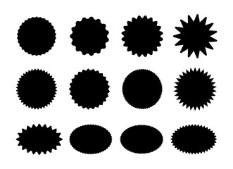 Starburst stickers. Black sunburst badges, isolated star price labels vector set