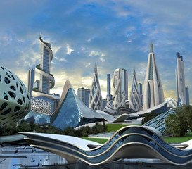 Futuristic city with organic sustainable architecture